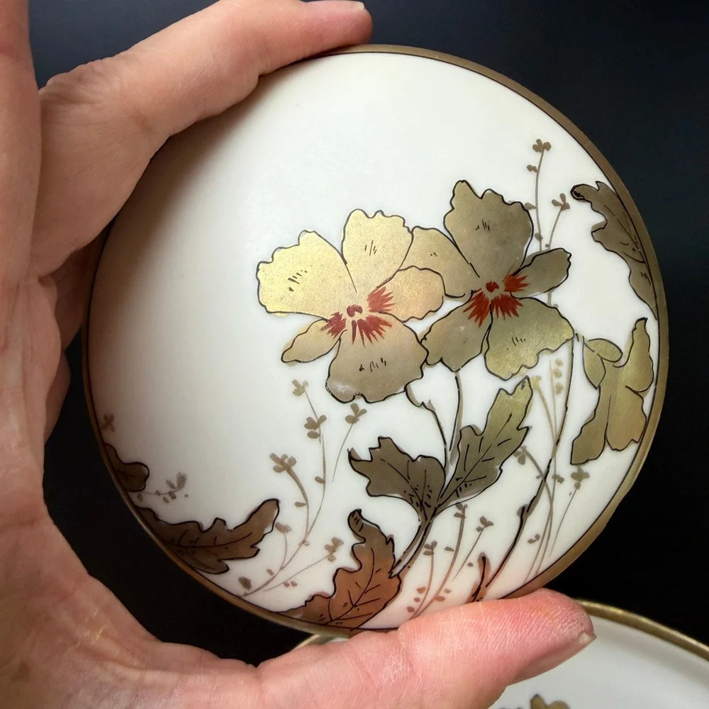 1909 Art Deco Dresser Tray & Covered Jar Set Porcelain Gold Antique Poppy LOOK